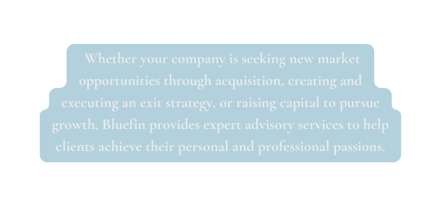 Whether your company is seeking new market opportunities through acquisition creating and executing an exit strategy or raising capital to pursue growth Bluefin provides expert advisory services to help clients achieve their personal and professional passions